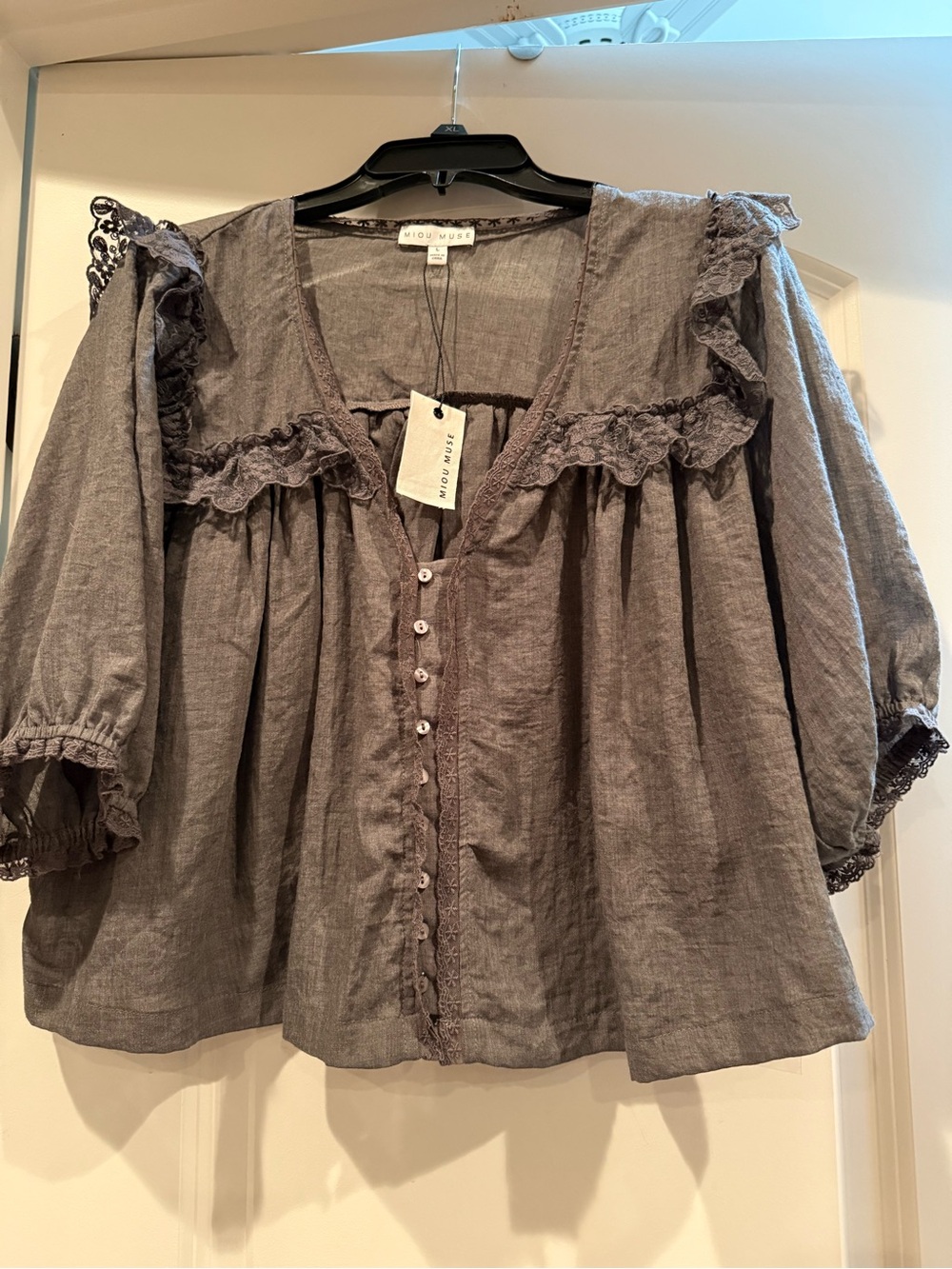 Miou Muse Dark Gray Ruffle-Trim Button Front Top